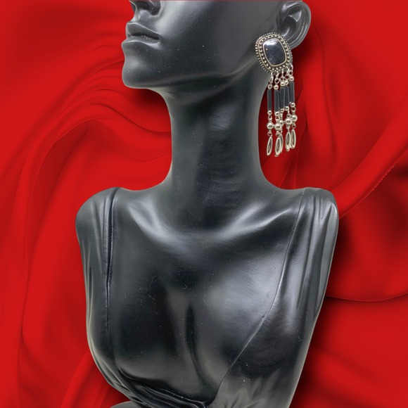 Vintage 1980's Silver Tone Black Enamel Pierced Dangle Earrings Bohemian Tribal - Picture 3 of 5